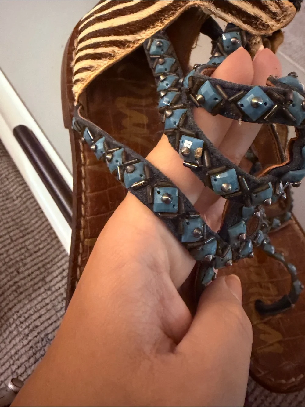 Blue Embellished Beaded Sandals - Women